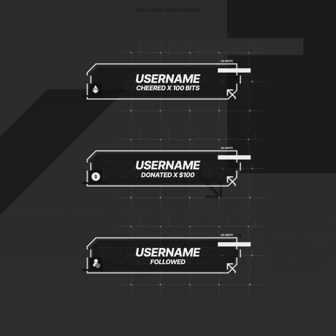 Modern Glitch Animated Stream Alerts. Black background with dynamic alert messages.