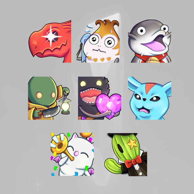 Colorful Crystal Twitch emotes. Eight unique designs featuring playful characters and expressions.