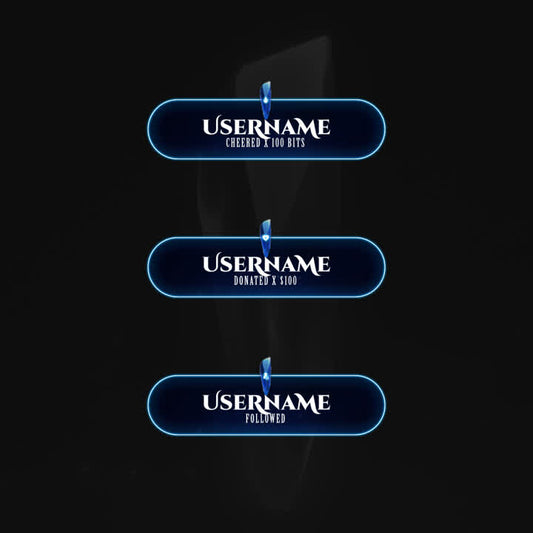 Crystal Static Stream Alerts. Blue and black with engagement notifications. Username highlighted.