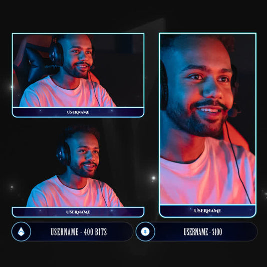 Crystal Animated Webcam Overlays. Three cam boxes with customizable event icons and blue accents.