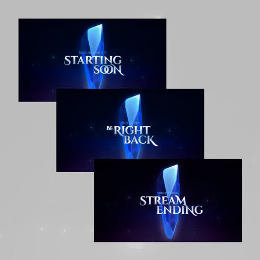 Animated OBS Scenes featuring blue crystal elements. Text: "Starting Soon," "Be Right Back," "Stream Ending."