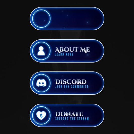 Crystal Twitch Panels. Blue glowing design with text: "About Me," "Discord," "Donate."