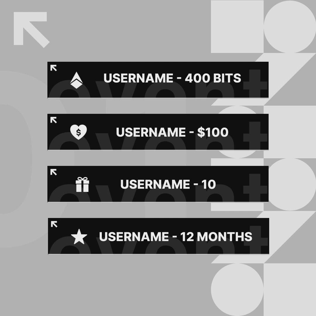 Monochrome Animated Stream Overlays. Dark and light grey with icons for bits, donations, and subscriptions.