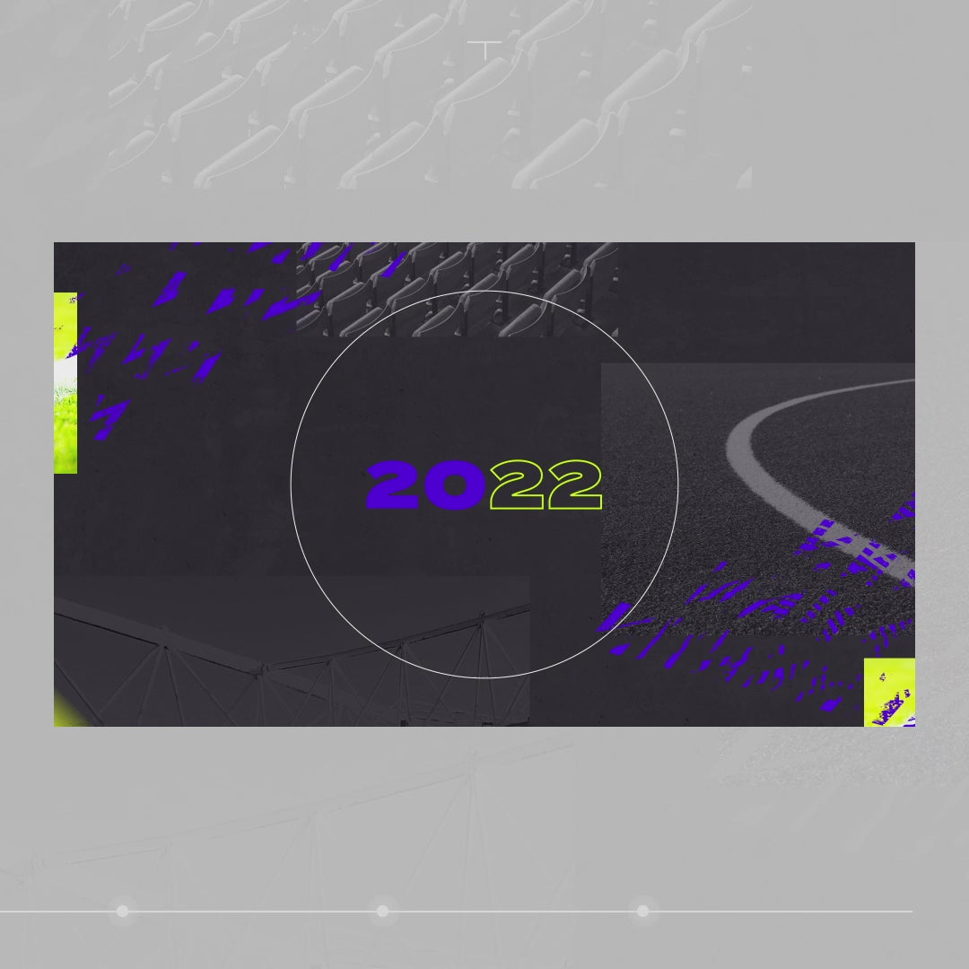 Striker Animated Stream Overlays. Dynamic purple and yellow design with a circular "2022" element.