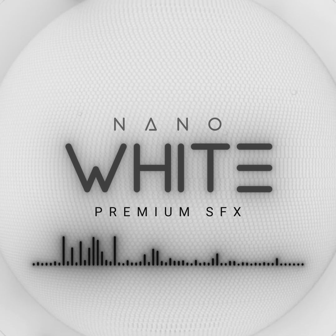 Nano White Premium Sound Effects. Stream audio upgrades. White background with minimalist design.