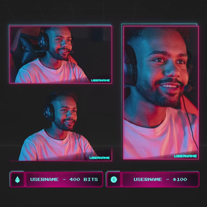 Animated webcam overlays for Twitch. Vibrant arcade design with customizable cam boxes.