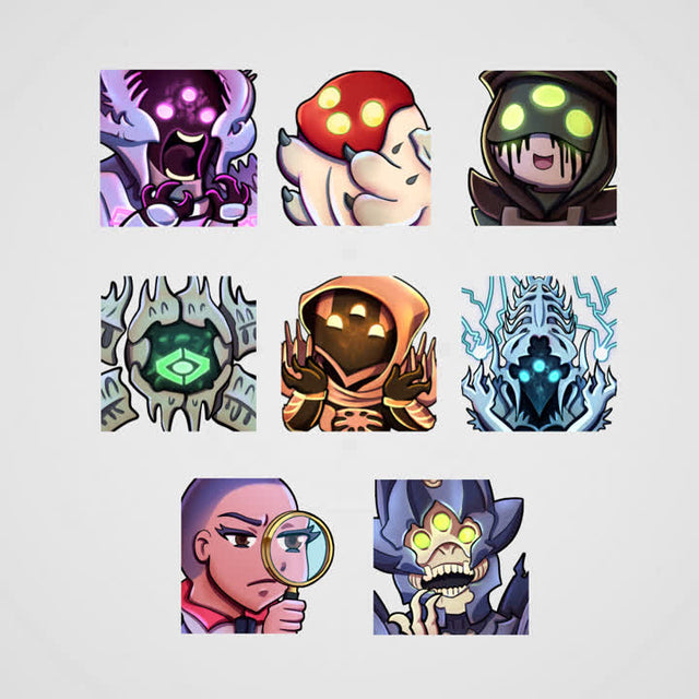 Dark Guardian Twitch emotes. 8 unique character designs with vibrant colors and details.