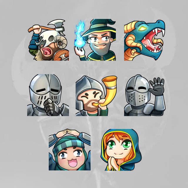 Dark Realm Twitch emotes. Eight unique designs featuring characters and creatures.