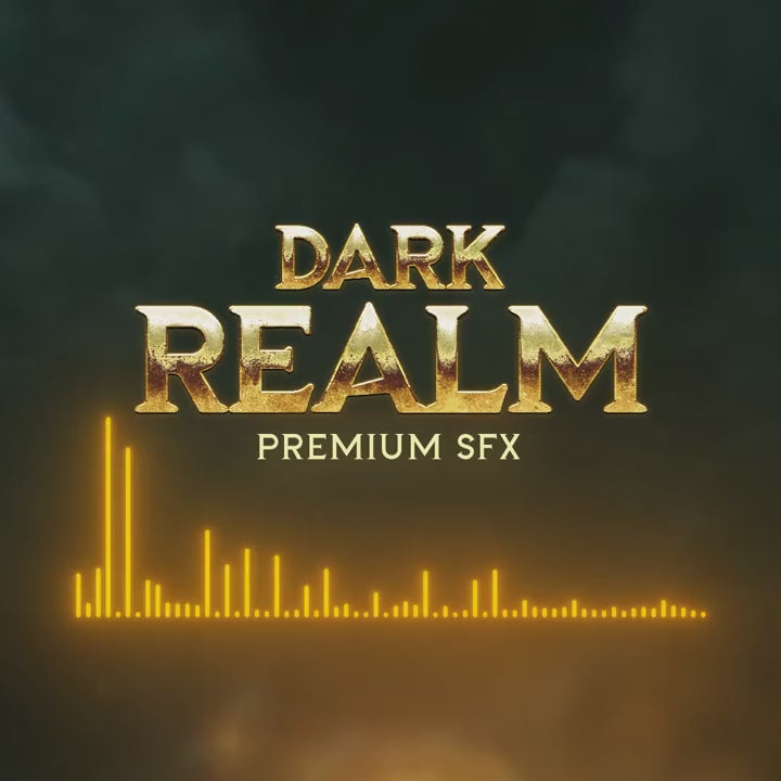 Dark Realm Premium Sound Effects. Golden text on dark background with audio wave graphics.