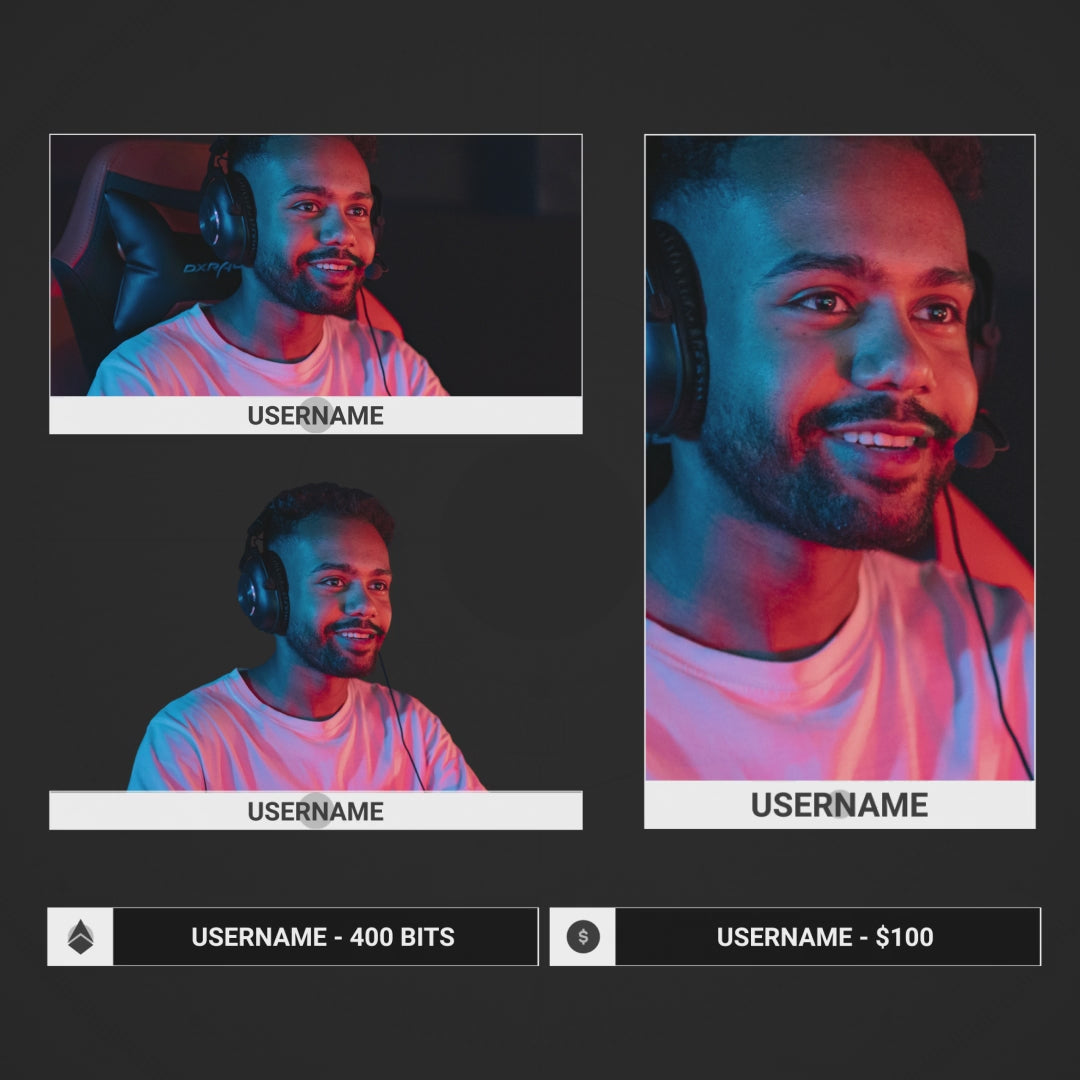 Animated webcam overlays with customizable cam boxes and event display. Dark background.