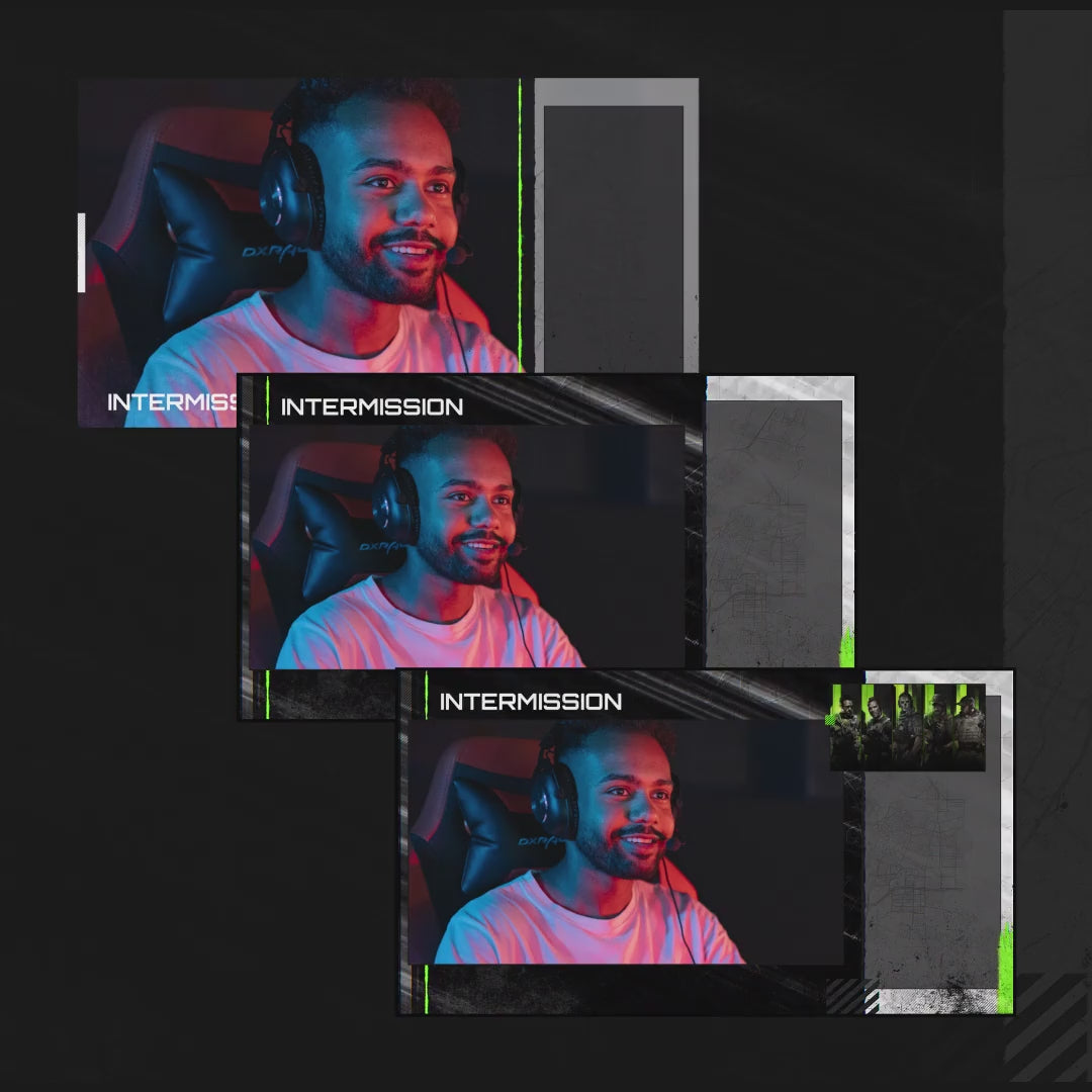 Tactical Animated Stream Overlays. Intermission screens with green accents on a dark background.