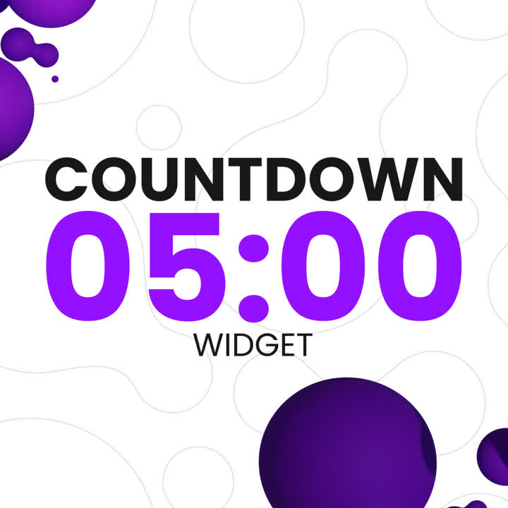 Countdown Widget. Purple and black design with 'COUNTDOWN 05:00' text for OBS streams.