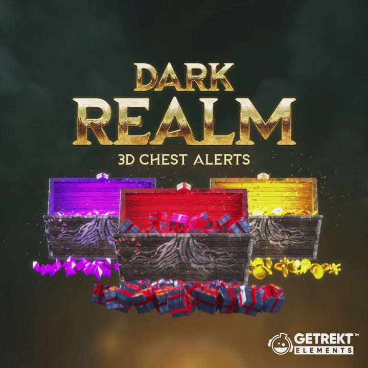 Dark Realm 3D Animated Chest Alerts. Colorful treasure chests for stream rewards.