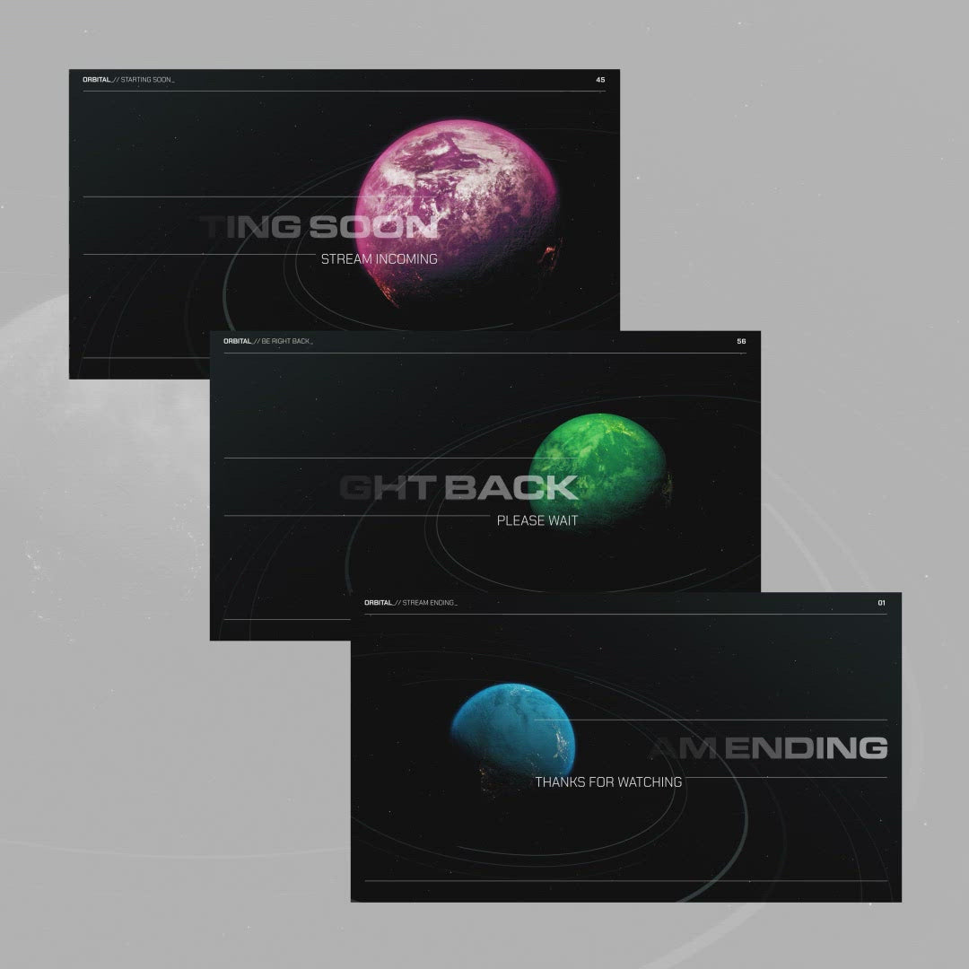 Orbital Animated OBS Scenes. Planets with vibrant colors. "Starting Soon," "Be Right Back," "Ending."