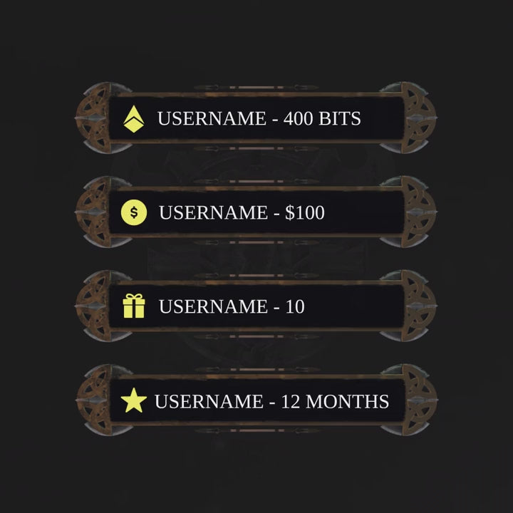 Dark Realm 3D Animated Stream Overlays. Dark themed with gold accents. Customizable username fields.