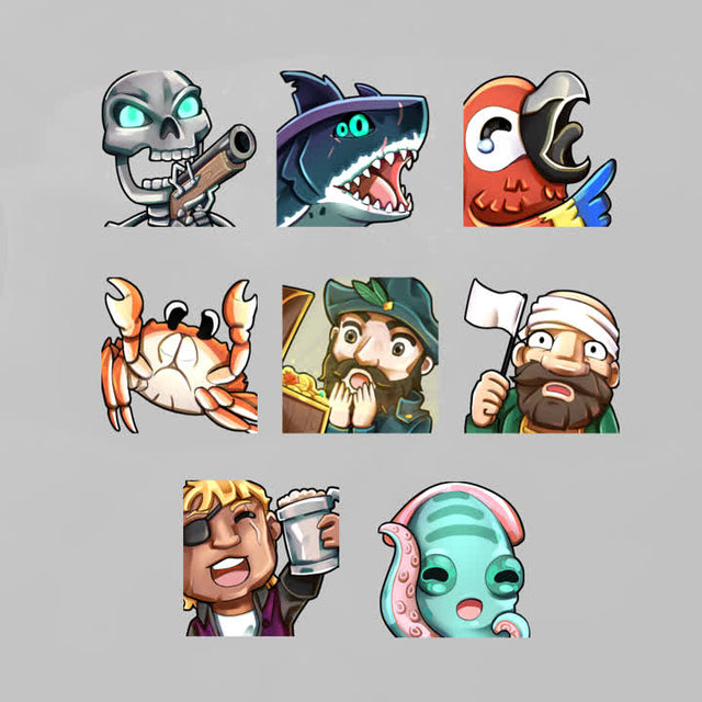 Galleon Twitch Emotes. 8 unique designs featuring pirate characters and sea creatures.