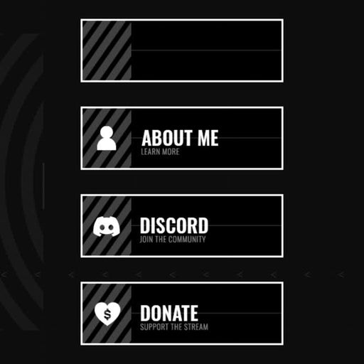 Grid Twitch Panels. Black with striped accents. "About Me," "Discord," "Donate" options.