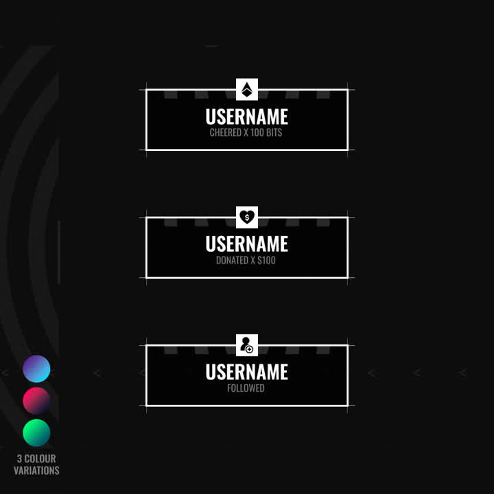 Grid Static Stream Overlays. Black background with white text for donations and cheers.