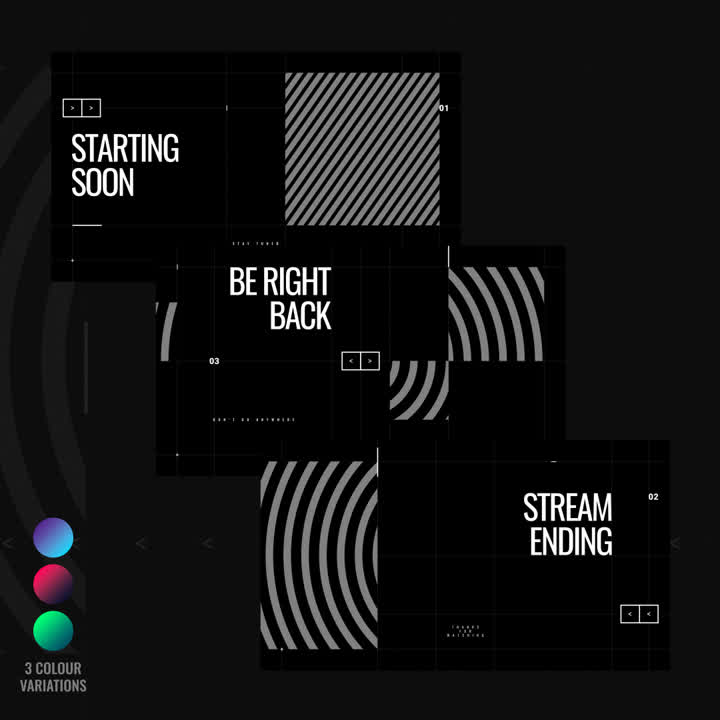 Grid Static Stream Overlays. Black background with bold white text: "Starting Soon," "Be Right Back," "Stream Ending."