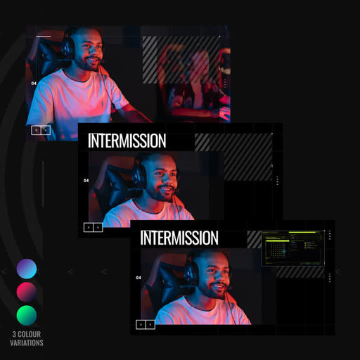 Grid Static Stream Overlays. Three variations with "Intermission" text. Racing-themed design.