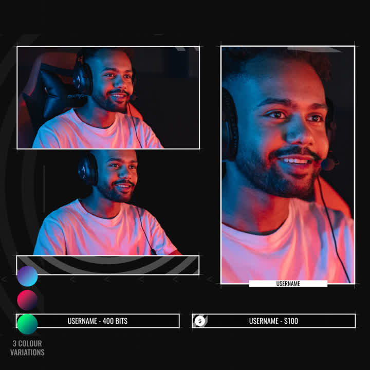 Grid Static Stream Overlays Package. Three color variations with user info boxes on a dark background.