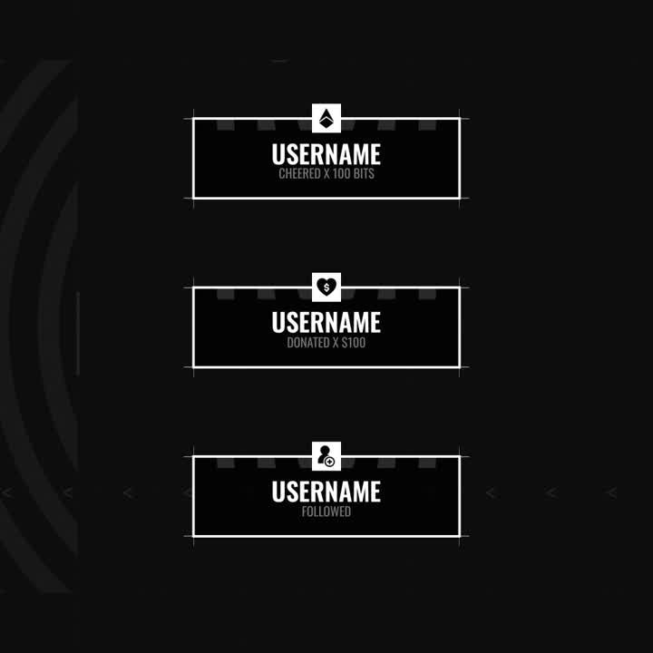 Grid Static Stream Alerts. Black background with white text for Twitch interactions.