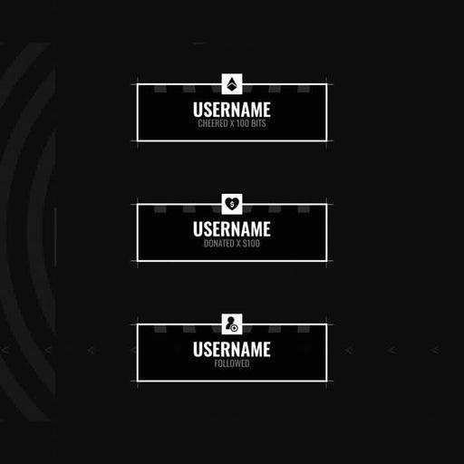 Grid Static Stream Alerts. Black background with white text for Twitch interactions.