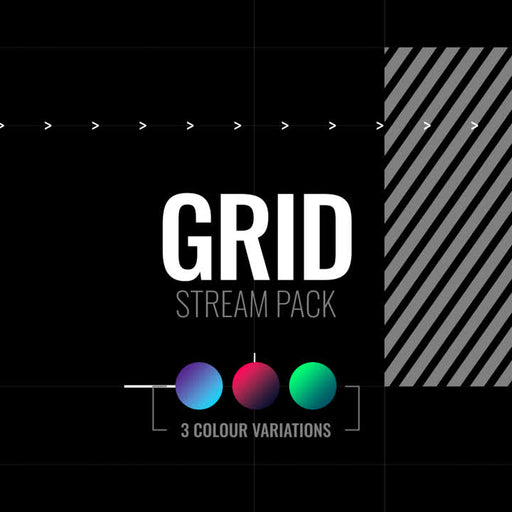 Grid Stream Pack. Racing-themed static overlays with three color variations on a black background.