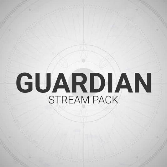 Guardian Stream Pack. Destiny 2 inspired animated overlays for Twitch. Light grey geometric background with dark text.