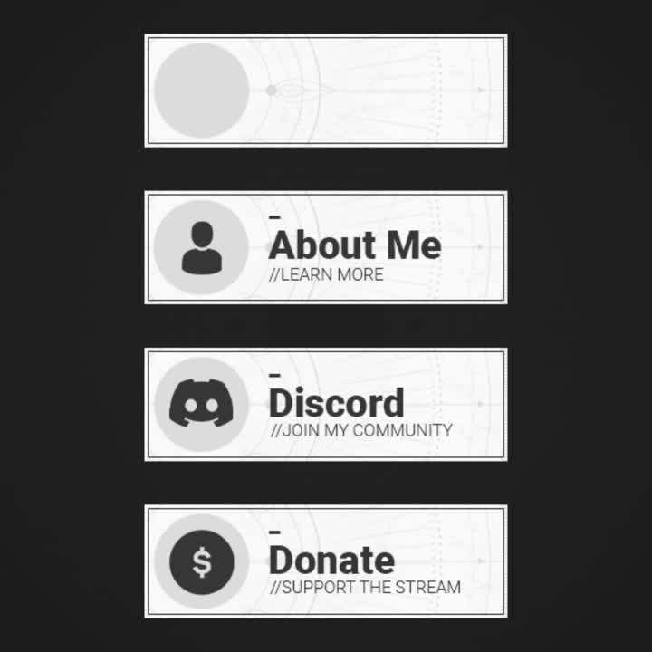 Stream overlay featuring buttons for 'About Me,' 'Discord,' and 'Donate.'