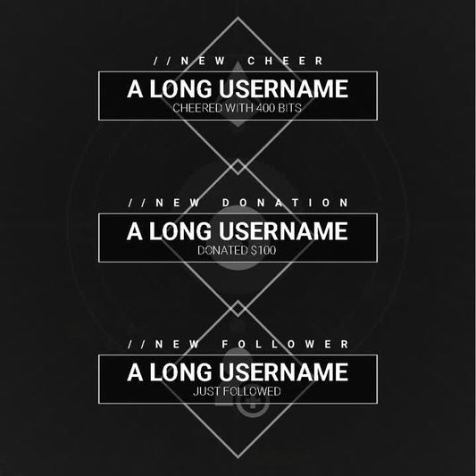 Three stream notifications: cheer, donation, and follow with placeholder usernames on a dark background.