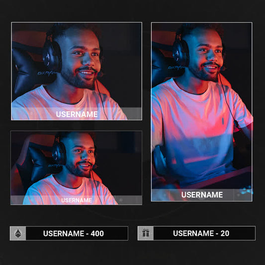 Three stream overlays featuring a smiling gamer with headphones, with username and stats displayed.