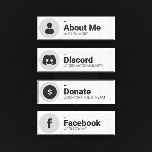 Stream overlay featuring buttons: About Me, Discord, Donate, and Facebook.