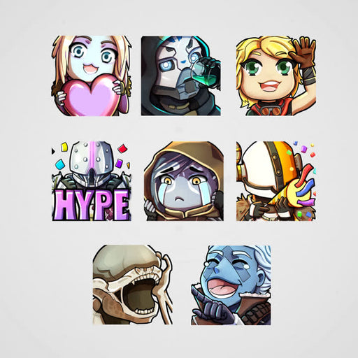 Guardian Twitch Emotes. 8 unique designs featuring animated characters and expressions.