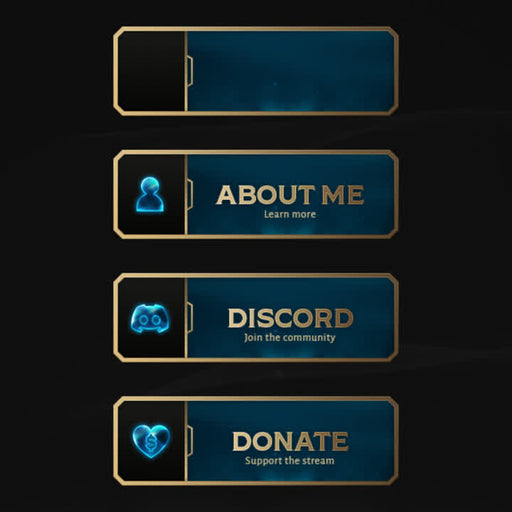 Hexrift Twitch Panels. Dark blue with gold accents. "About Me," "Discord," "Donate."