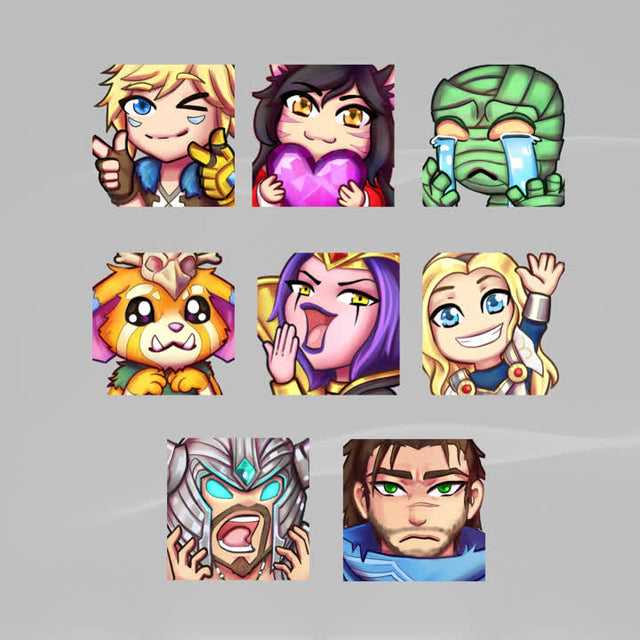 Hexrift Twitch Emotes. 8 unique designs showcasing expressive characters and themes.