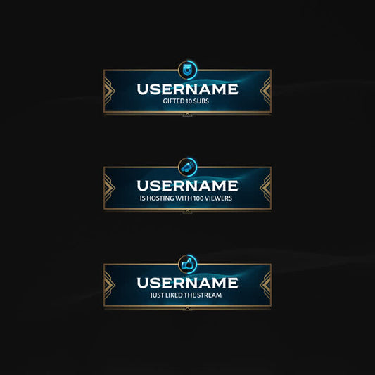 Hexrift Static Stream Alerts. Three alert boxes with a blue and gold theme. "Username gifted 10 subs."