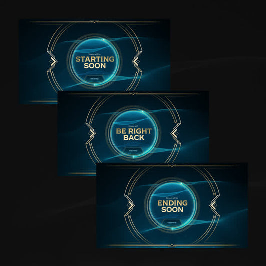 Starting Soon "Be Right Back" "Ending Soon" OBS scenes with blue and gold design elements.