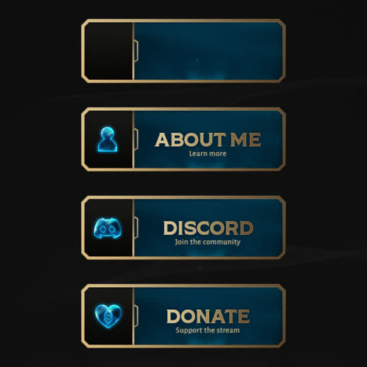 Hexrift Twitch Panels. Blue with gold text. "About Me. Learn more" "Discord. Join the community" "Donate. Support the stream"