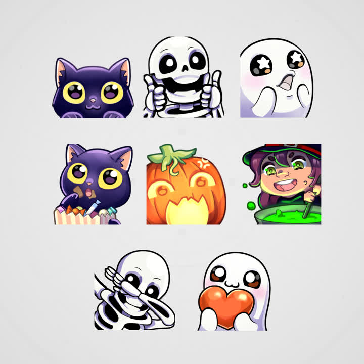 Halloween emotes featuring a black cat, skeletons, ghosts, and a pumpkin design.