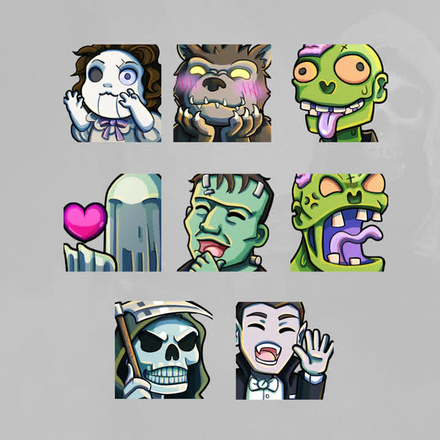 Horror Twitch Emotes. Eight unique designs including a ghost, zombie, and skeleton. Fun and spooky.