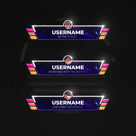 Three colorful stream notifications showcasing usernames and actions on a dark background.