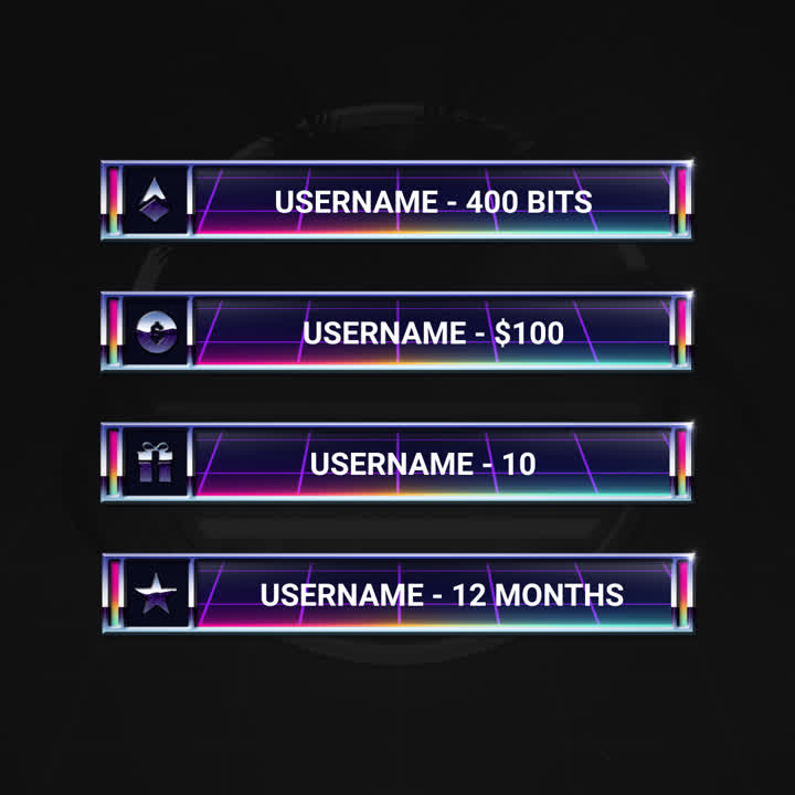 Four colorful stream overlay labels displaying usernames and donation information.