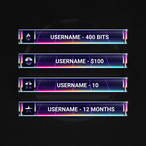 Four colorful stream overlay labels displaying usernames and donation information.