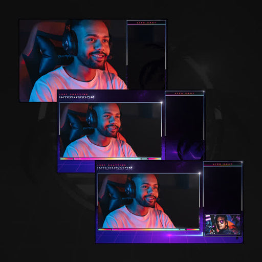 Three stream overlays featuring a smiling gamer with headphones in a vibrant design.