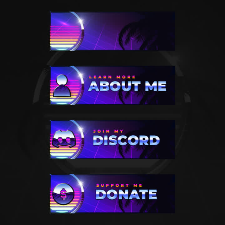 Four vibrant stream overlay panels with text: "About Me," "Discord," and "Donate."