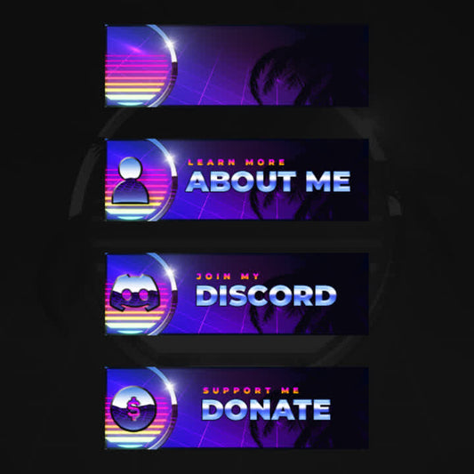 Four vibrant stream overlay panels with text: "About Me," "Discord," and "Donate."