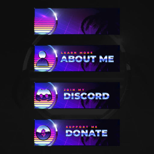 Colorful stream overlay panels labeled "ABOUT ME," "DISCORD," and "DONATE."