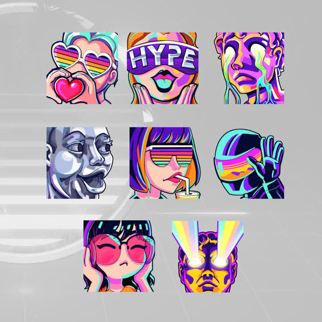 Hyperchrome Twitch emotes. Colorful designs include hearts, hype, and retro characters.