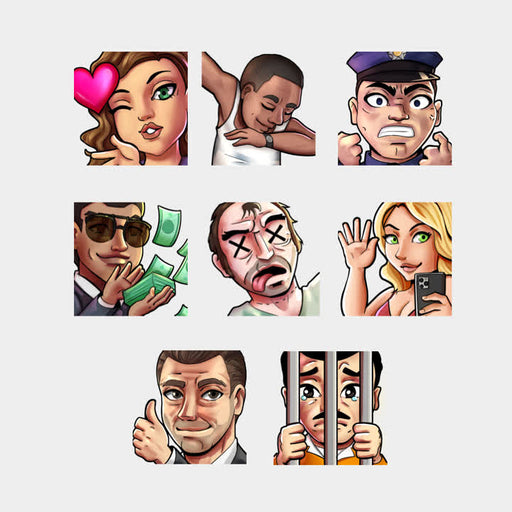 Mafia Twitch Emotes. 8 unique designs featuring expressive characters and humorous themes.